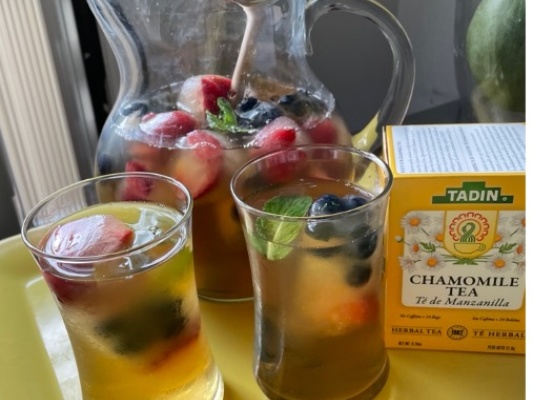 Chamomile Iced Tea (With mixed berry ice-cubes, honey and mint)